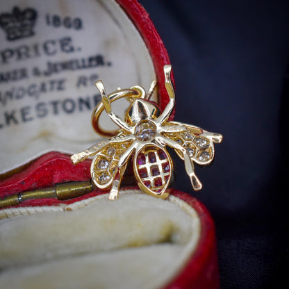 French Cut Ruby and Diamond 18ct Gold Insect Bee Pendant