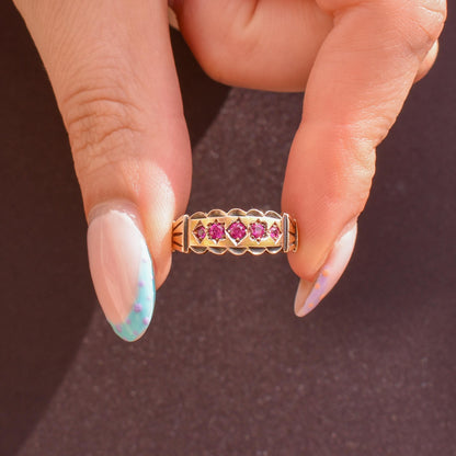 Antique Ruby Five Stone 15ct Gold Patterned Band Ring | Chester 1890
