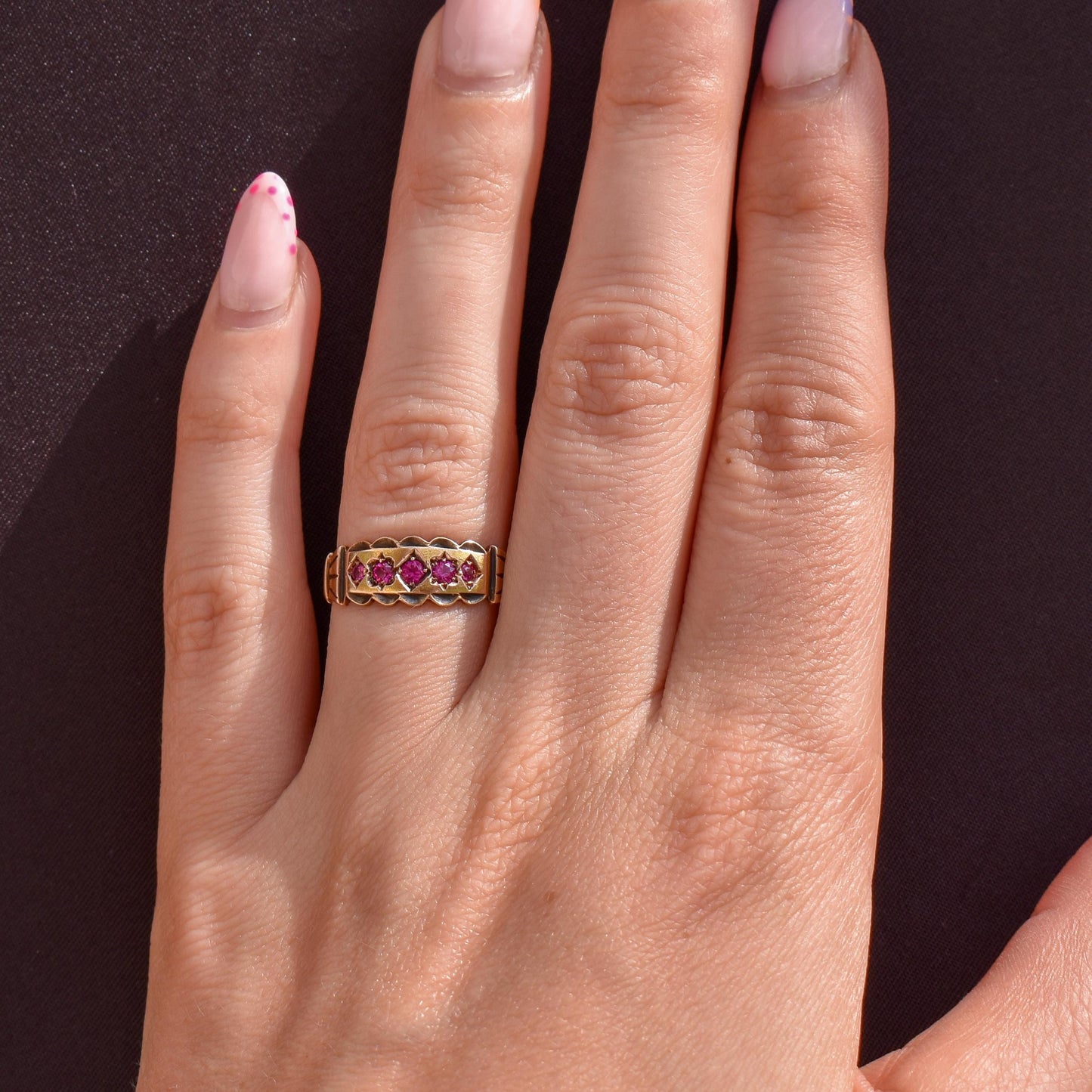 Antique Ruby Five Stone 15ct Gold Patterned Band Ring | Chester 1890