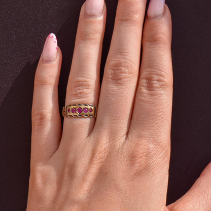 Antique Ruby Five Stone 15ct Gold Patterned Band Ring | Chester 1890