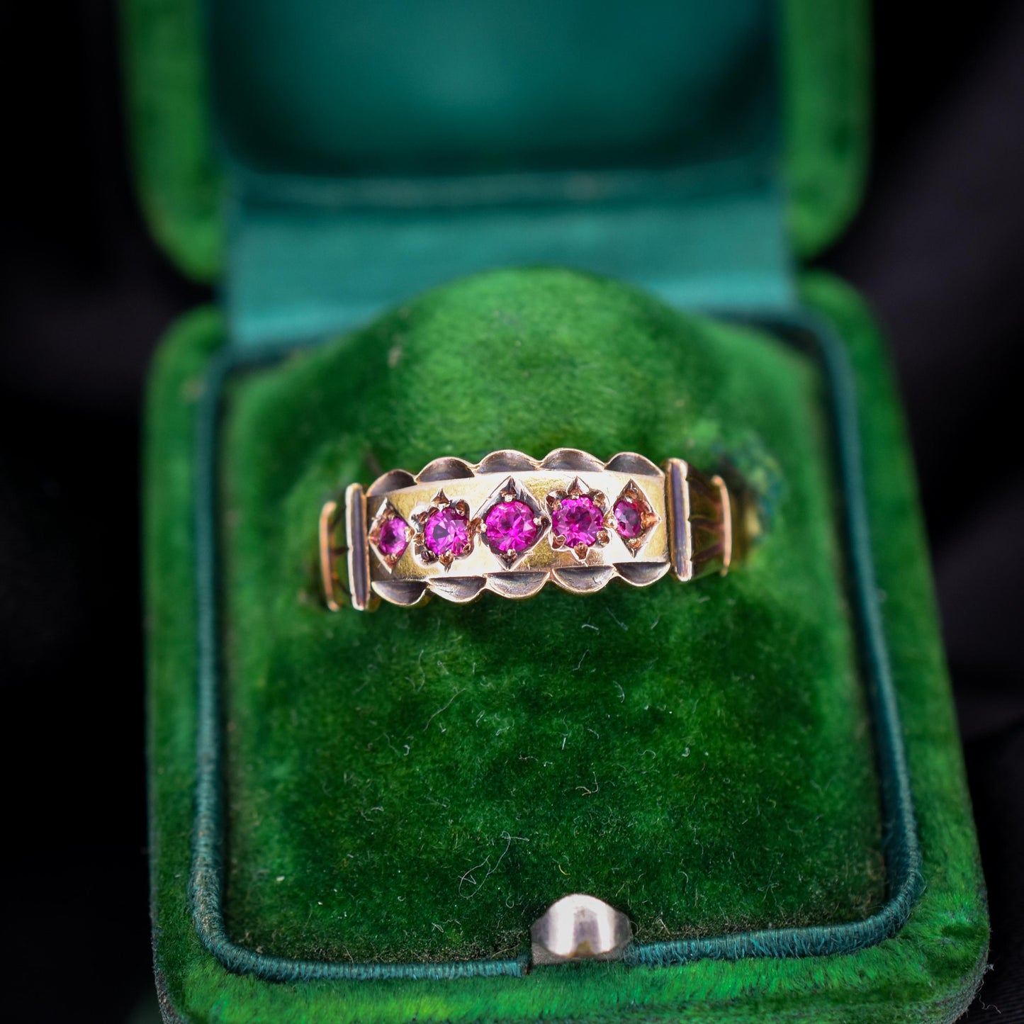 Antique Ruby Five Stone 15ct Gold Patterned Band Ring | Chester 1890