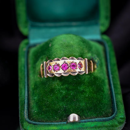 Antique Ruby Five Stone 15ct Gold Patterned Band Ring | Chester 1890
