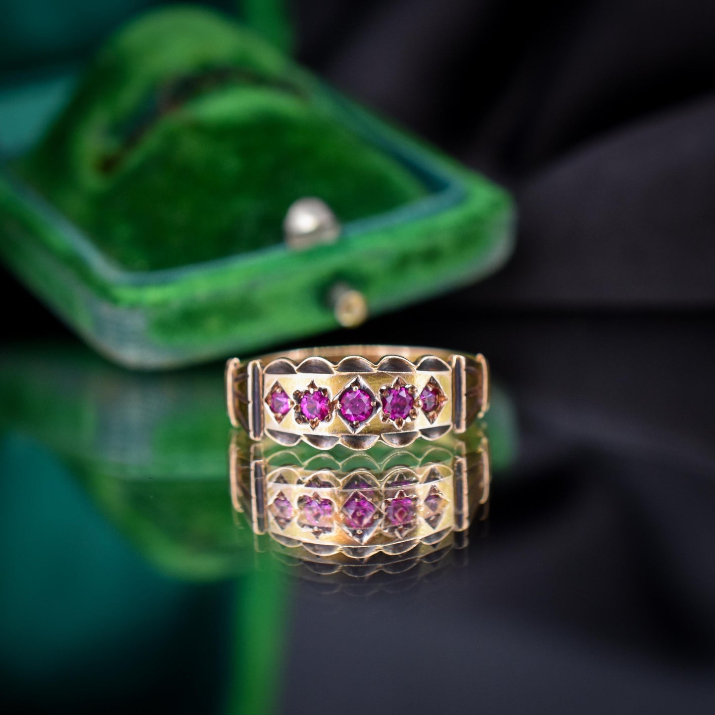 Antique Ruby Five Stone 15ct Gold Patterned Band Ring | Chester 1890