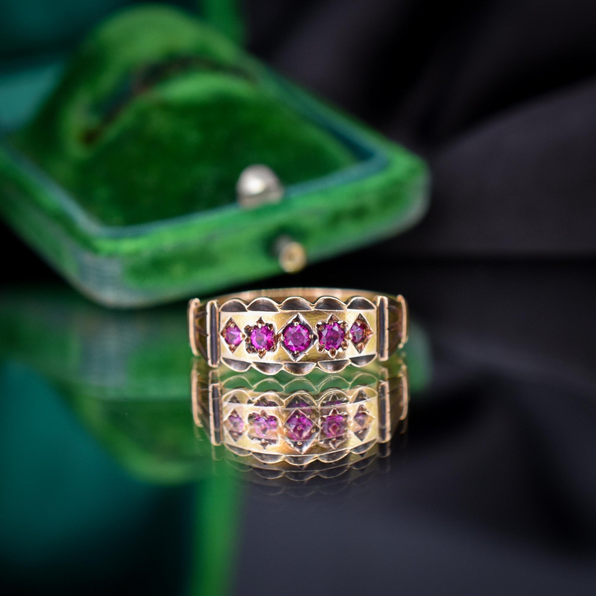 Antique Ruby Five Stone 15ct Gold Patterned Band Ring | Chester 1890