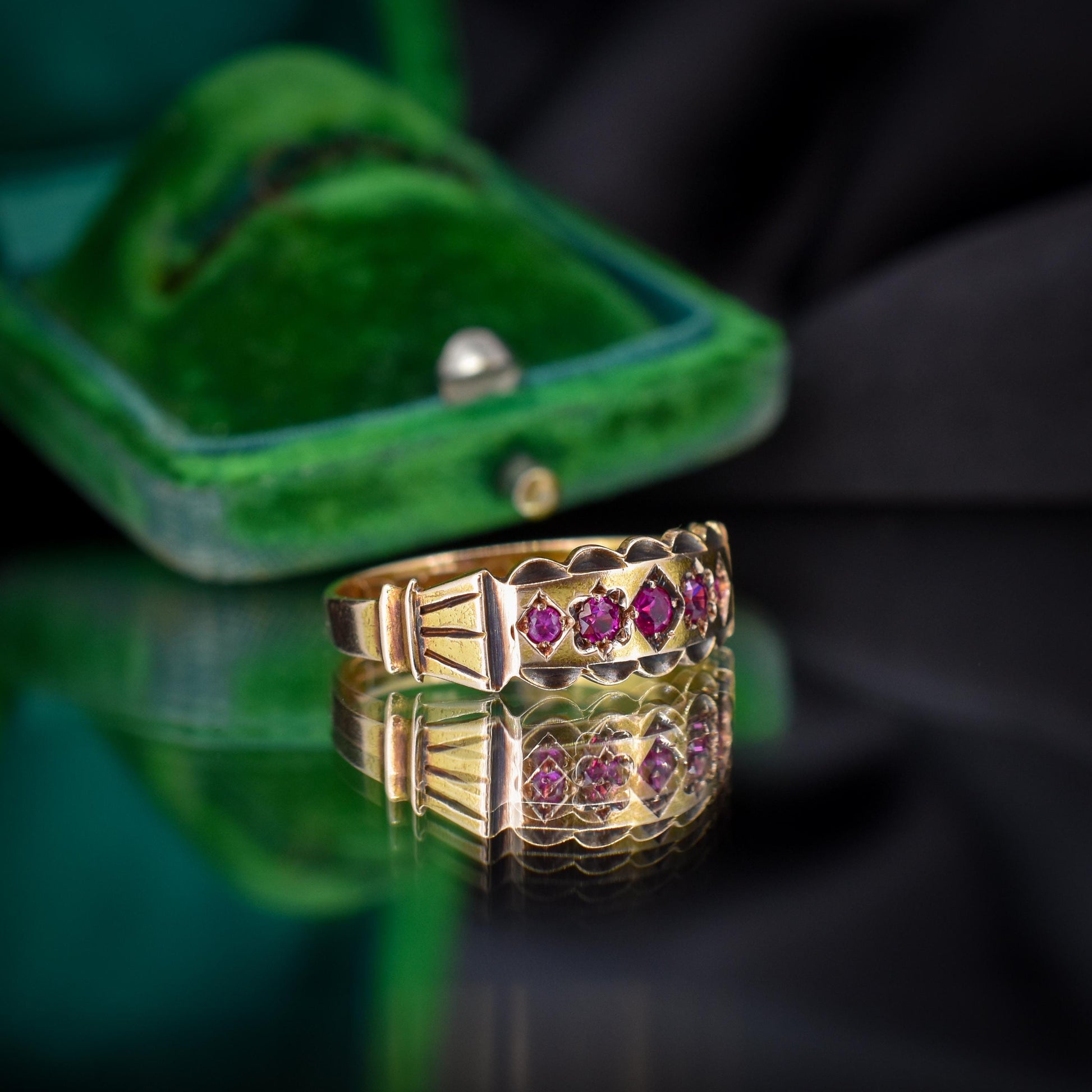 Antique Ruby Five Stone 15ct Gold Patterned Band Ring | Chester 1890