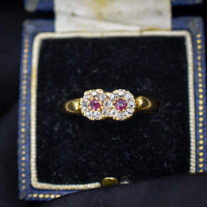 Antique Ruby and Diamond Double Cluster Infinity 18ct Yellow Gold Ring