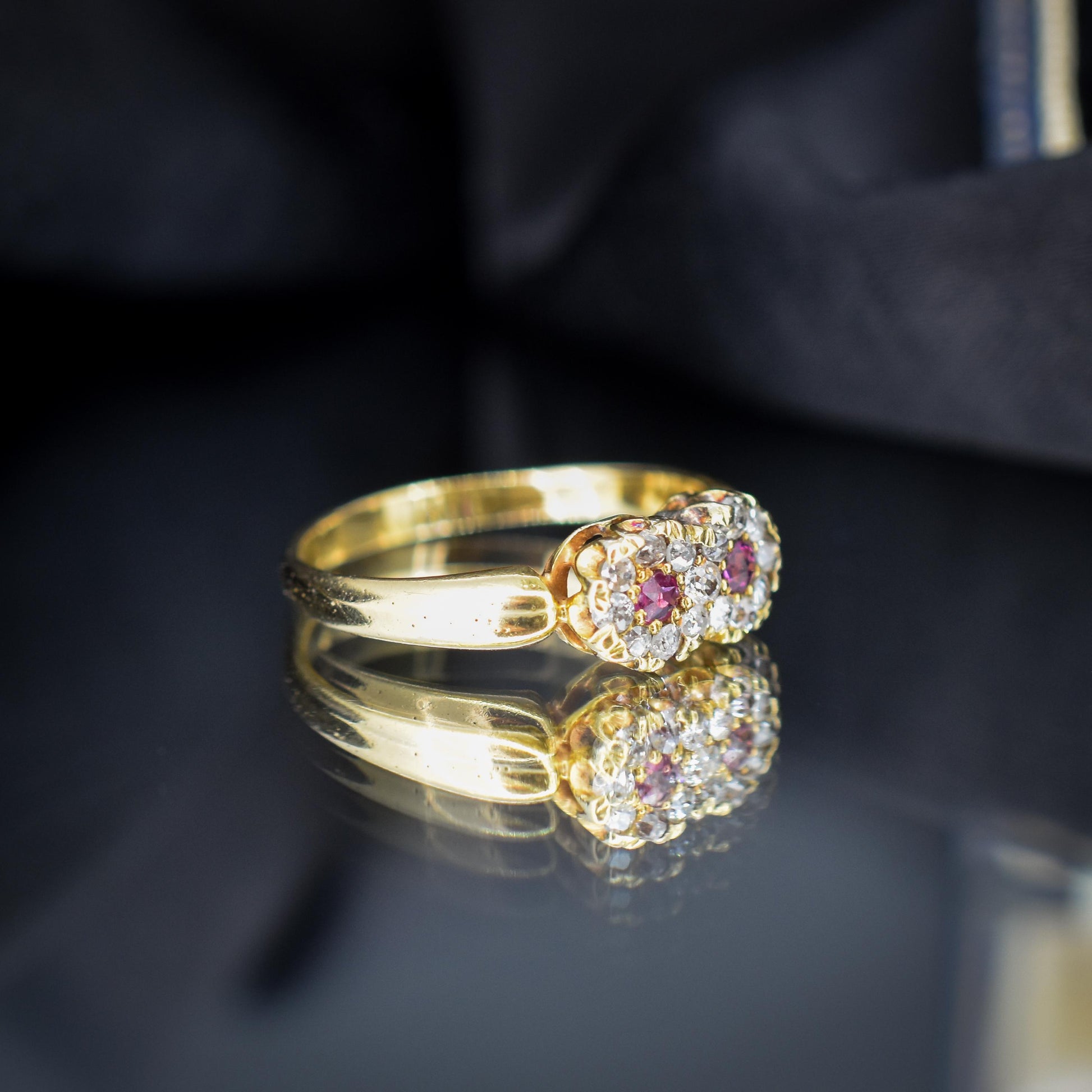 Antique Ruby and Diamond Double Cluster Infinity 18ct Yellow Gold Ring