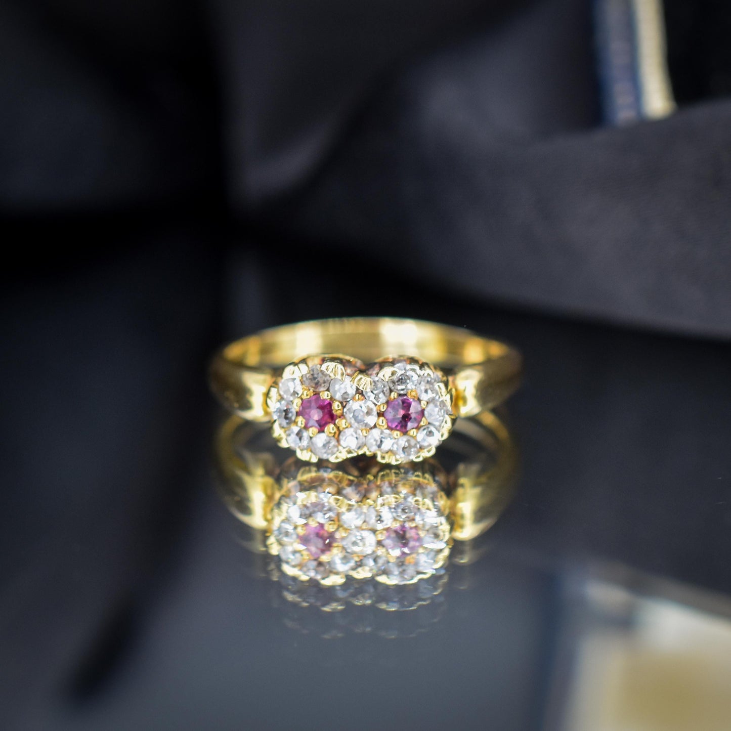 Antique Ruby and Diamond Double Cluster Infinity 18ct Yellow Gold Ring