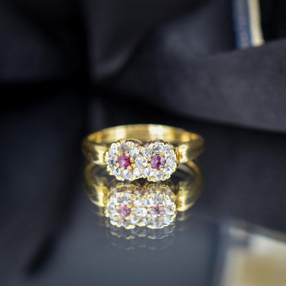 Antique Ruby and Diamond Double Cluster Infinity 18ct Yellow Gold Ring