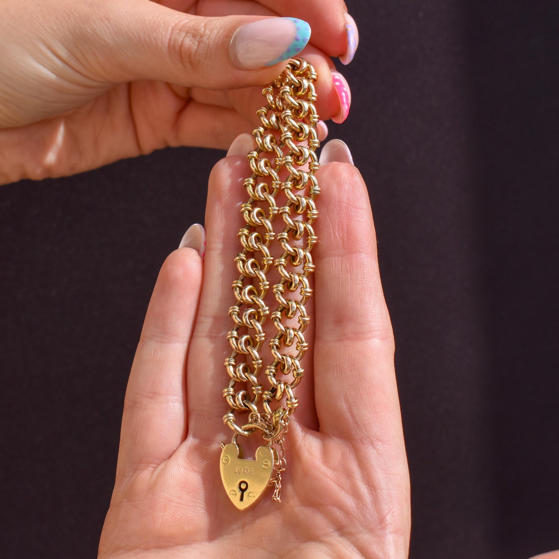 Antique Heart Padlock Fancy Gate 15ct Gold Bracelet