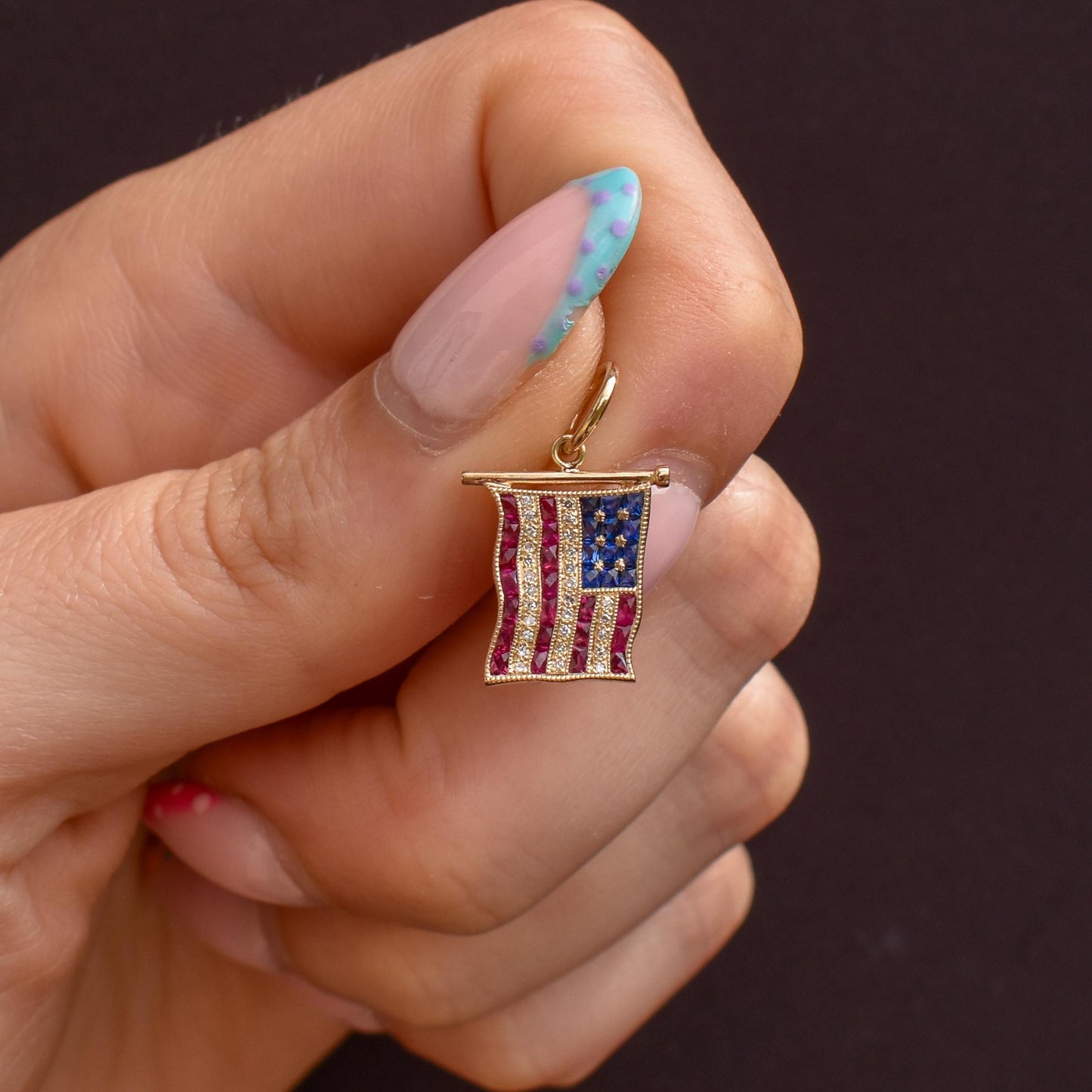 Diamond Ruby Sapphire American USA Flag 18ct Gold Charm Pendant