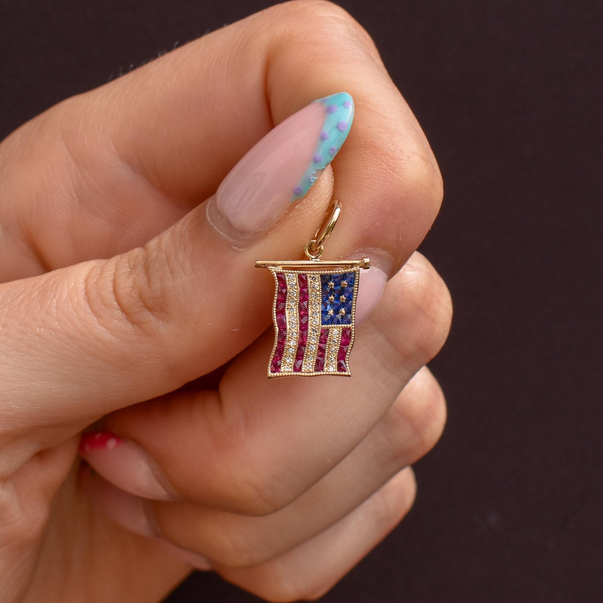 Diamond Ruby Sapphire American USA Flag 18ct Gold Charm Pendant