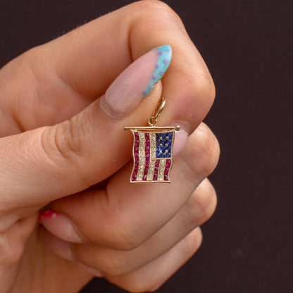 Diamond Ruby Sapphire American USA Flag 18ct Gold Charm Pendant