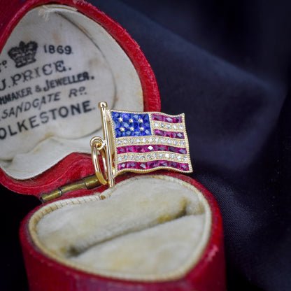 Diamond Ruby Sapphire American USA Flag 18ct Gold Charm Pendant