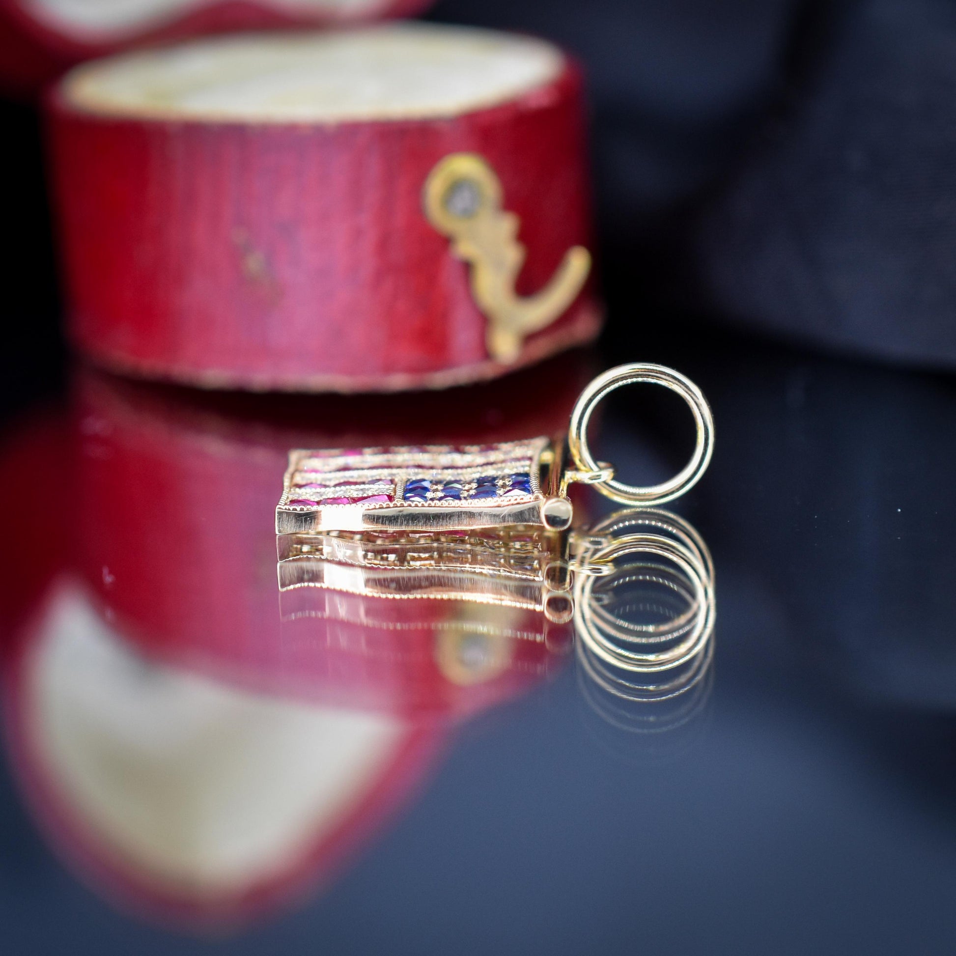 Diamond Ruby Sapphire American USA Flag 18ct Gold Charm Pendant
