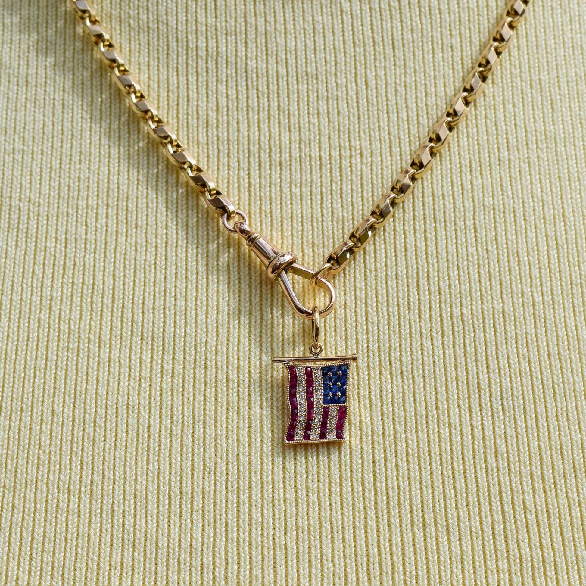 Diamond Ruby Sapphire American USA Flag 18ct Gold Charm Pendant