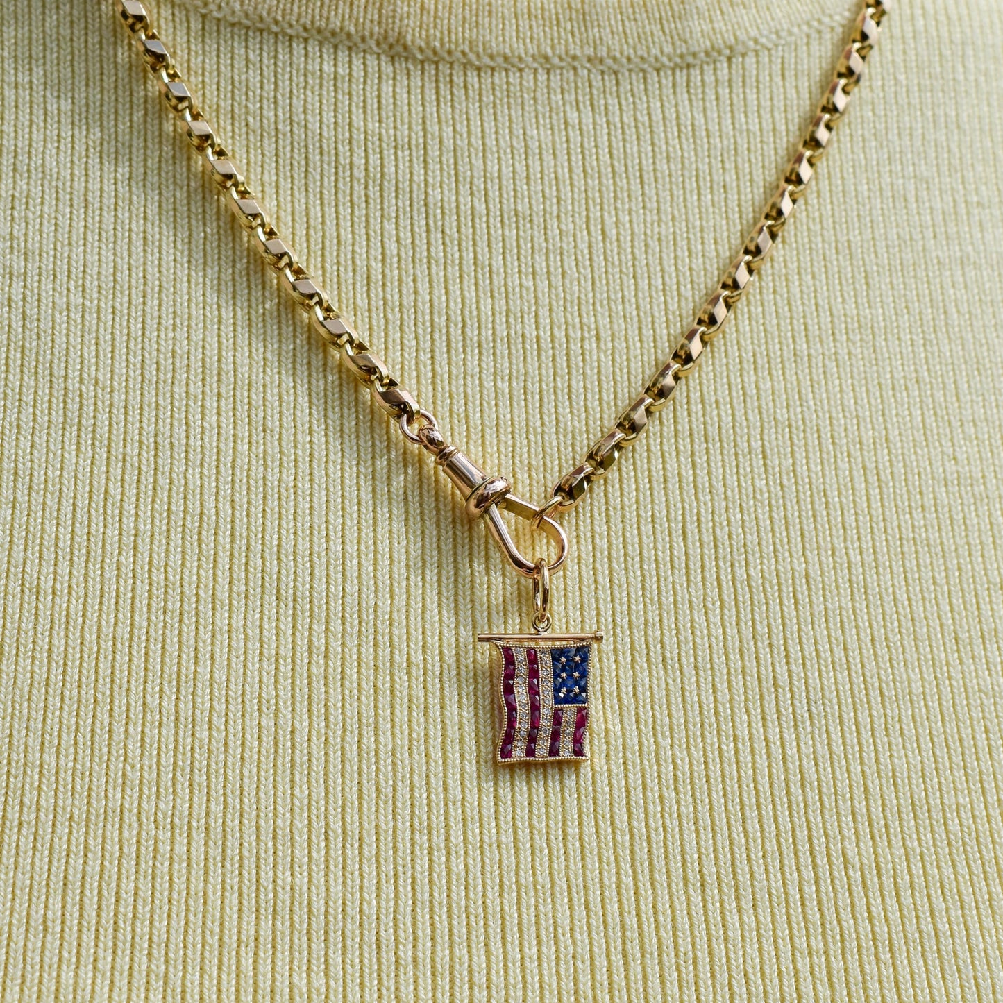 Diamond Ruby Sapphire American USA Flag 18ct Gold Charm Pendant