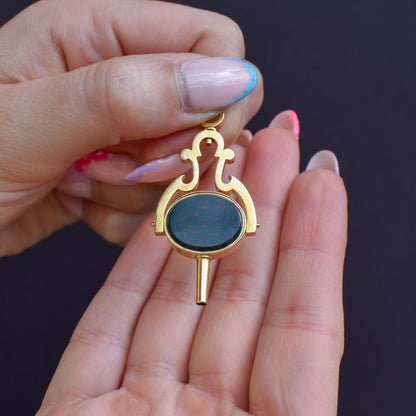 Antique 18ct Gold Bloodstone Agate Spinning Fob Watch Key Pendant | Dated 1879