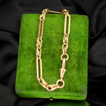 Antique Chester '1912' 9ct Gold Trombone and Love Knot Bracelet with Dog Clip | 7.75"