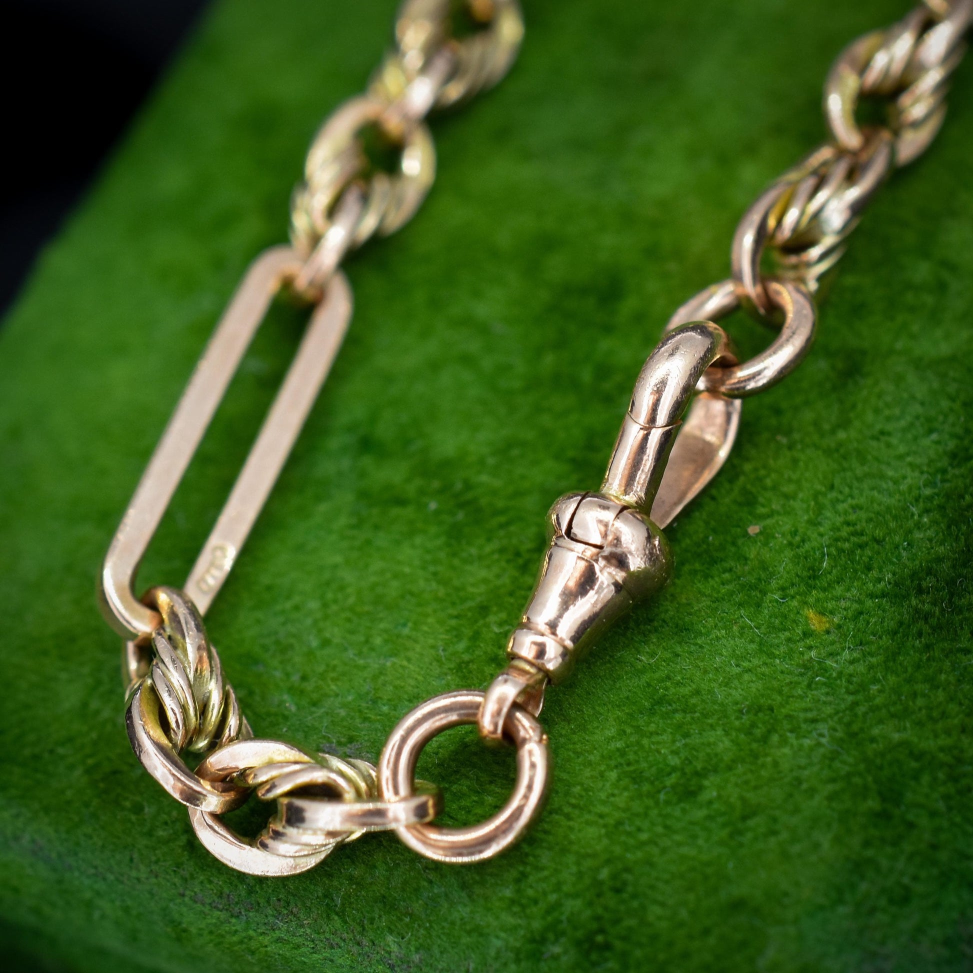 Antique Chester '1912' 9ct Gold Trombone and Love Knot Bracelet with Dog Clip | 7.75"