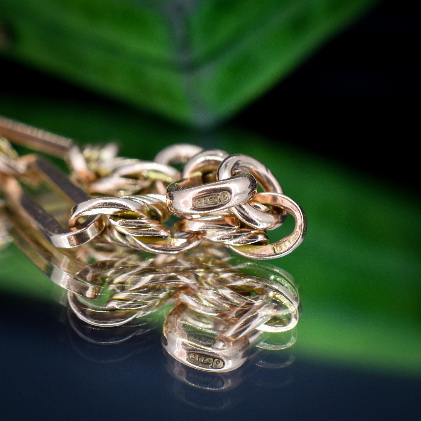 Antique Chester '1912' 9ct Gold Trombone and Love Knot Bracelet with Dog Clip | 7.75"