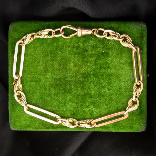 Antique Chester '1912' 9ct Gold Trombone and Love Knot Bracelet with Dog Clip | 7.75"