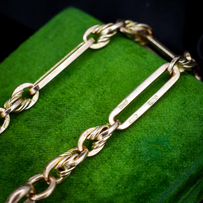 Antique Chester '1912' 9ct Gold Trombone and Love Knot Bracelet with Dog Clip | 7.75"