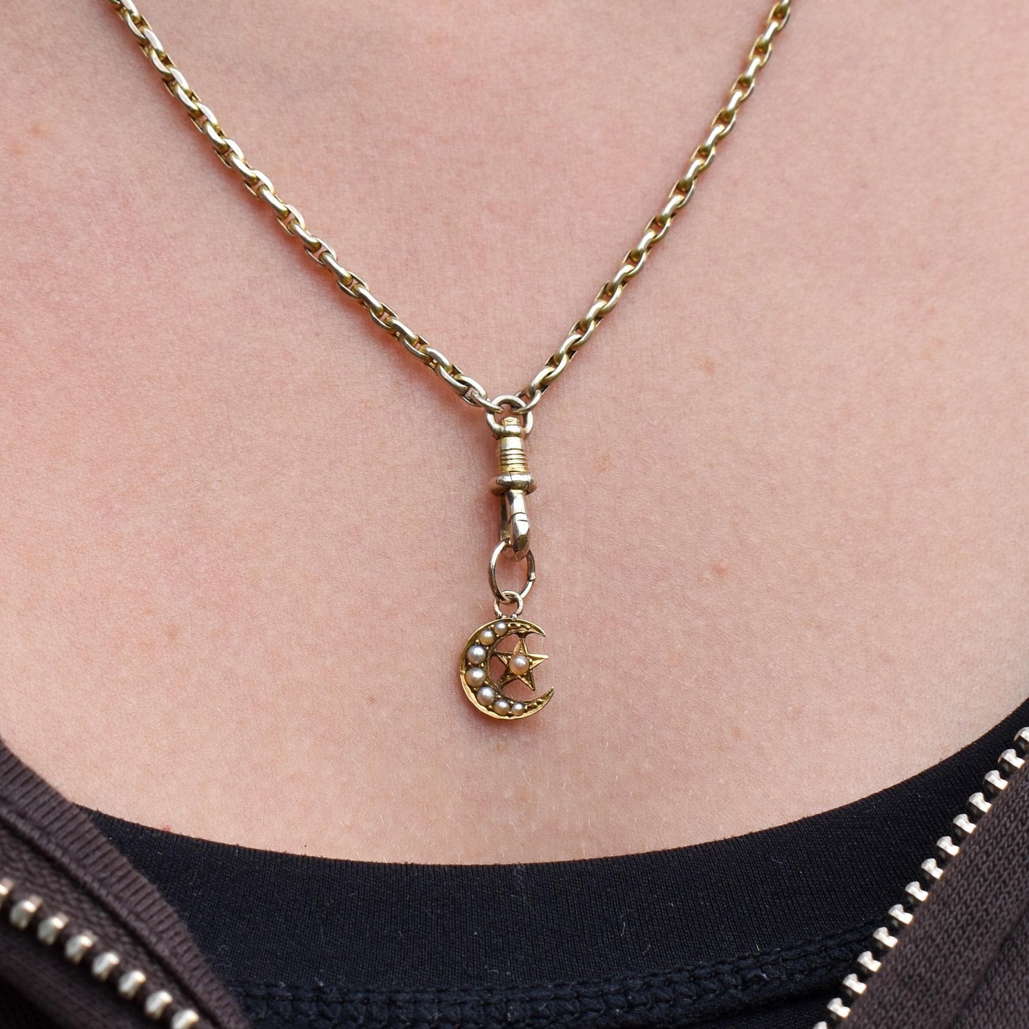 Antique 18ct Gold Pearl Crescent Star Charm Pendant