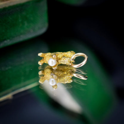Vintage Solid Yellow Gold Pearl Squirrel Animal Charm Pendant
