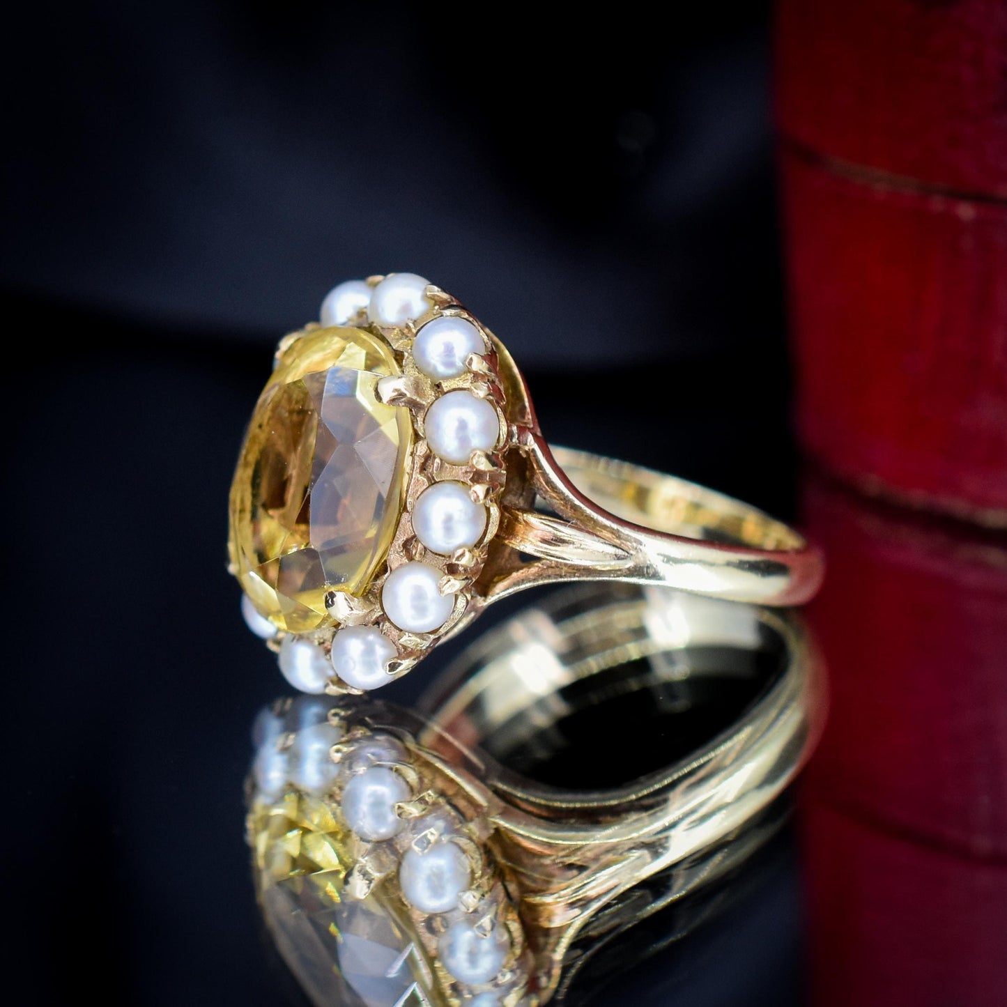 Vintage Citrine and Pearl Oval Halo Cluster 9ct Gold Ring | London 1963
