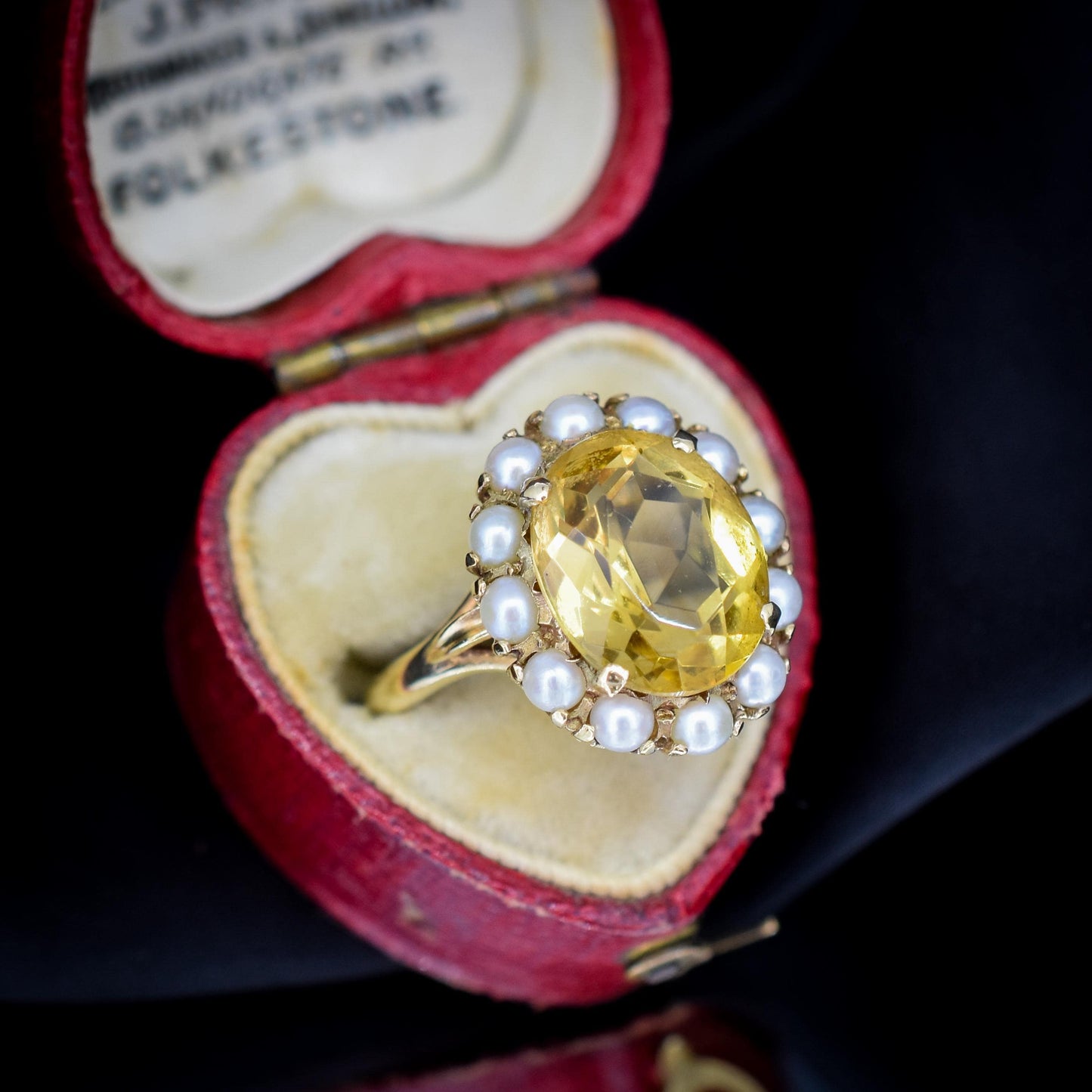 Vintage Citrine and Pearl Oval Halo Cluster 9ct Gold Ring | London 1963