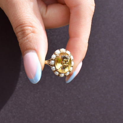 Vintage Citrine and Pearl Oval Halo Cluster 9ct Gold Ring | London 1963