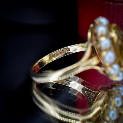 Vintage Citrine and Pearl Oval Halo Cluster 9ct Gold Ring | London 1963