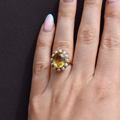Vintage Citrine and Pearl Oval Halo Cluster 9ct Gold Ring | London 1963