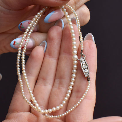 Vintage Pearl 18ct White Gold Diamond Strand Beaded Necklace | 16.5"