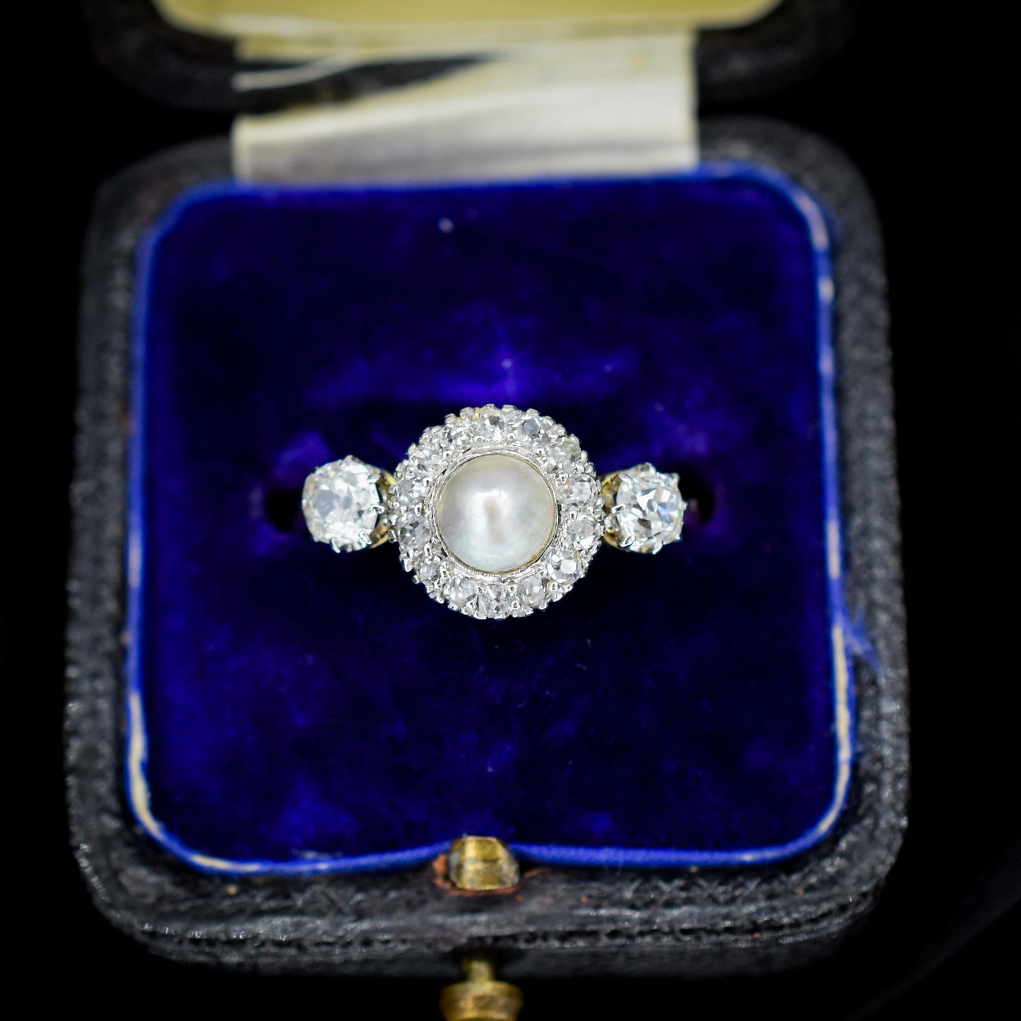 Antique Edwardian Diamond and Pearl Cluster 18ct Yellow Gold Ring