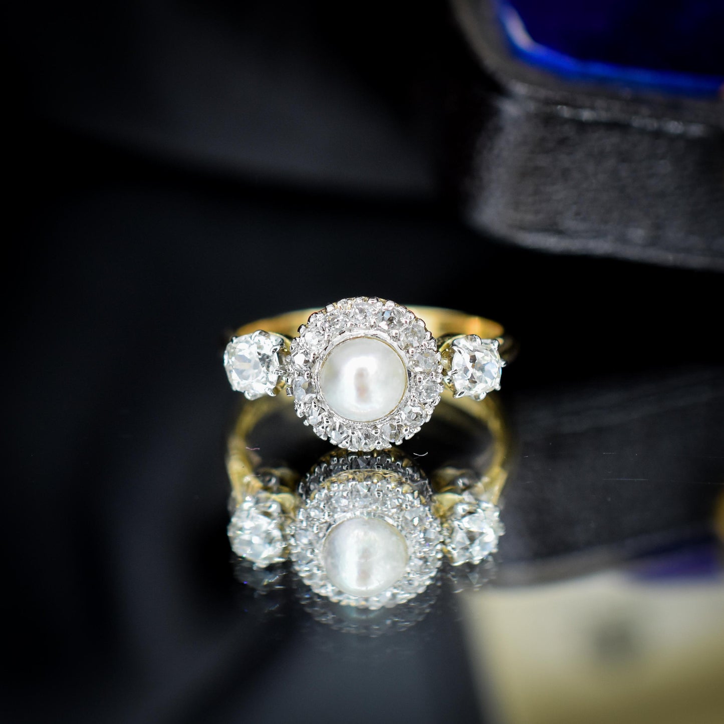 Antique Edwardian Diamond and Pearl Cluster 18ct Yellow Gold Ring