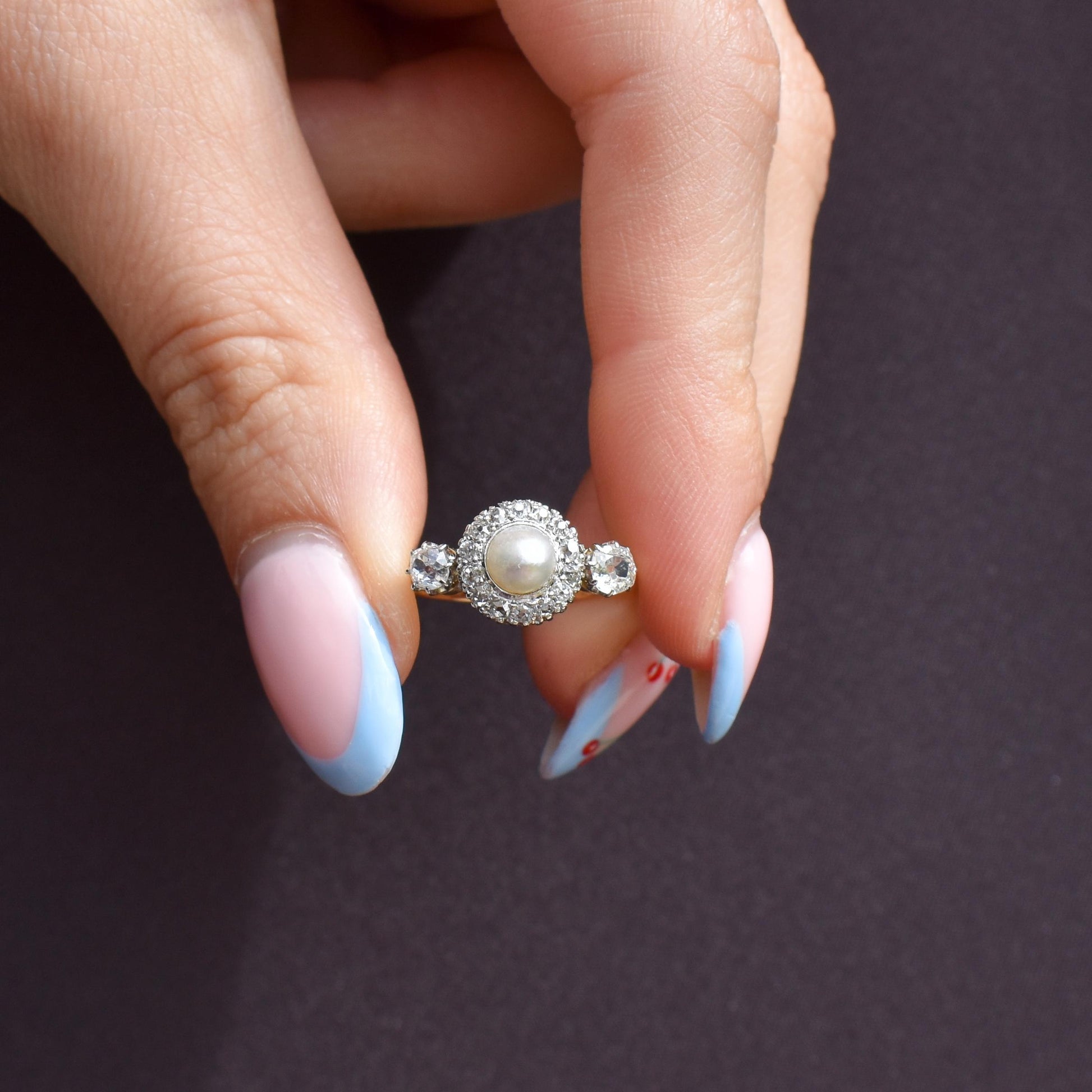 Antique Edwardian Diamond and Pearl Cluster 18ct Yellow Gold Ring
