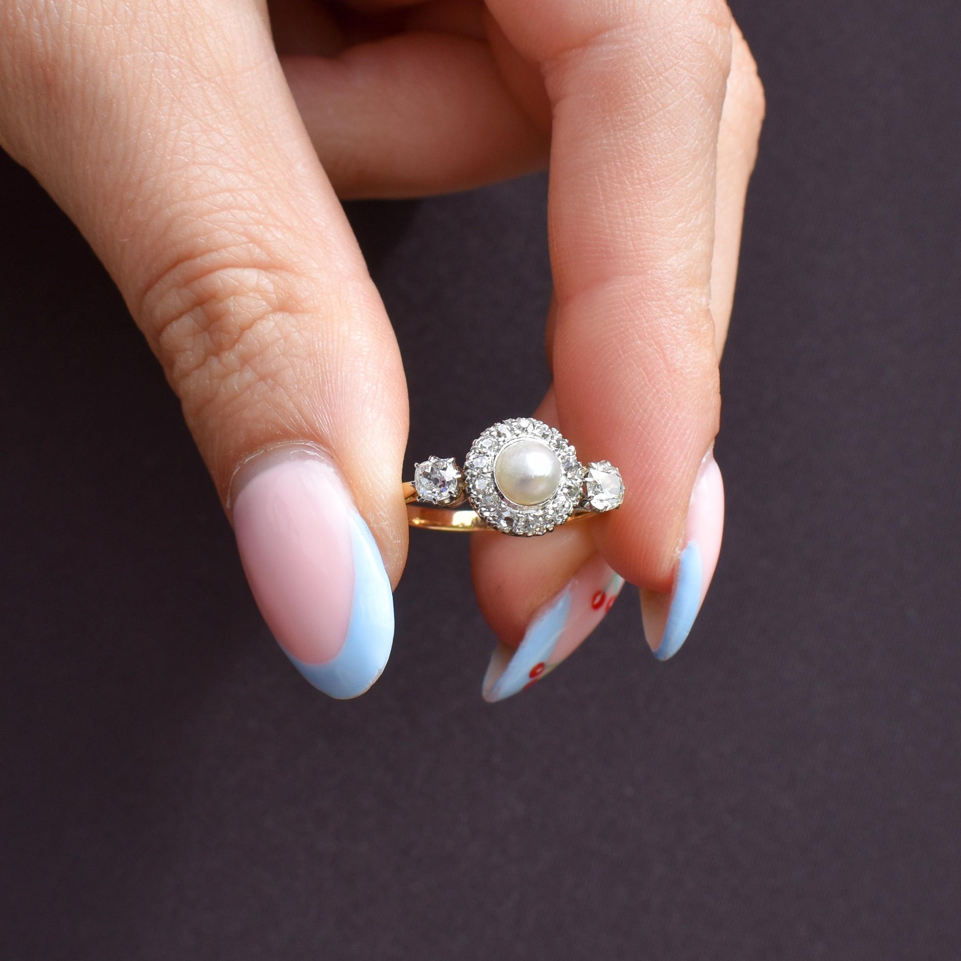 Antique Edwardian Diamond and Pearl Cluster 18ct Yellow Gold Ring