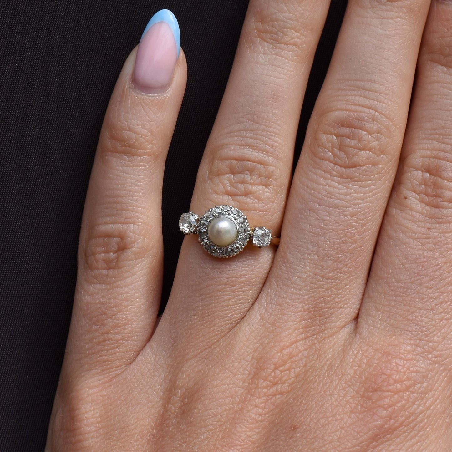 Antique Edwardian Diamond and Pearl Cluster 18ct Yellow Gold Ring
