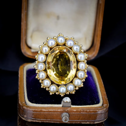 Antique 5.41ct Citrine and Pearl Oval Halo Cluster Gold Ring
