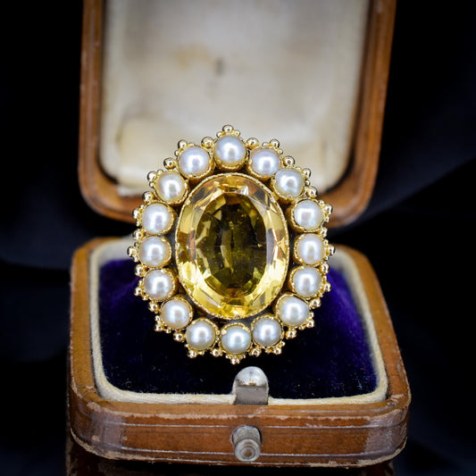 Antique 5.41ct Citrine and Pearl Oval Halo Cluster Gold Ring