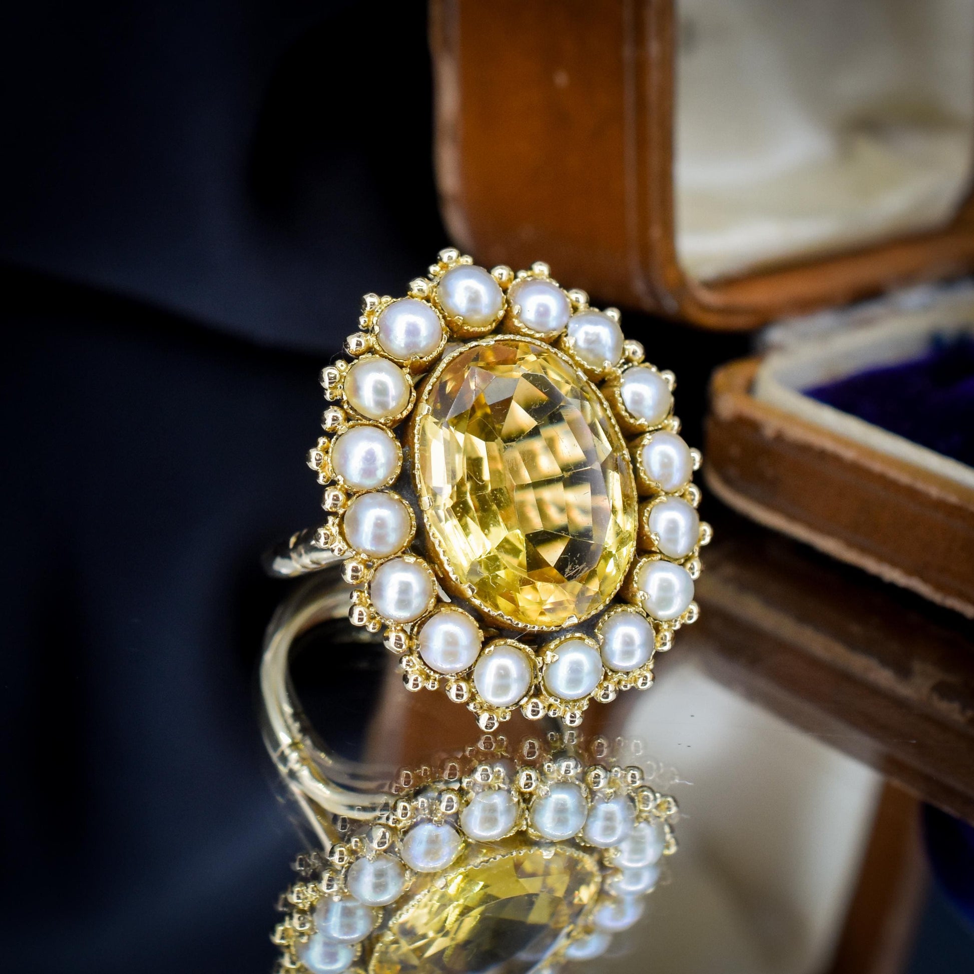 Antique 5.41ct Citrine and Pearl Oval Halo Cluster Gold Ring