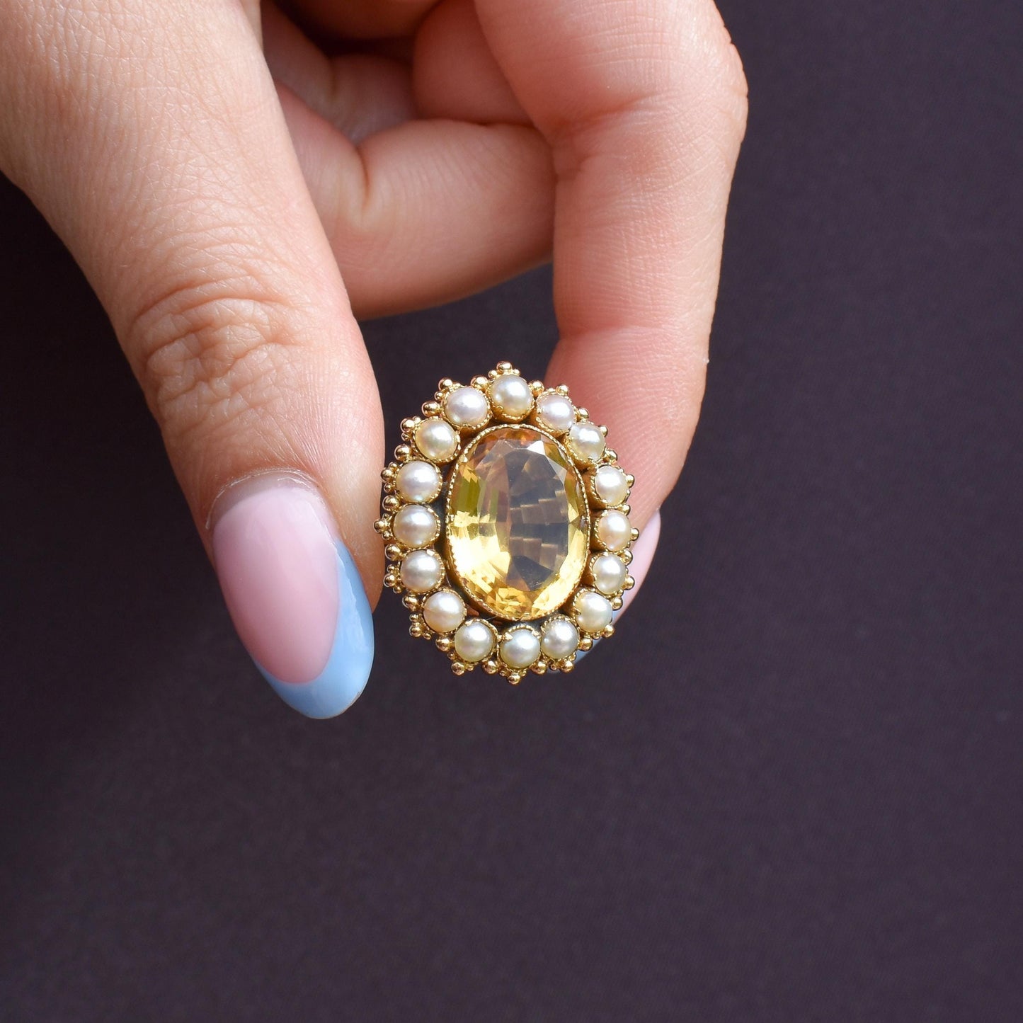 Antique 5.41ct Citrine and Pearl Oval Halo Cluster Gold Ring