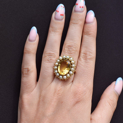 Antique 5.41ct Citrine and Pearl Oval Halo Cluster Gold Ring