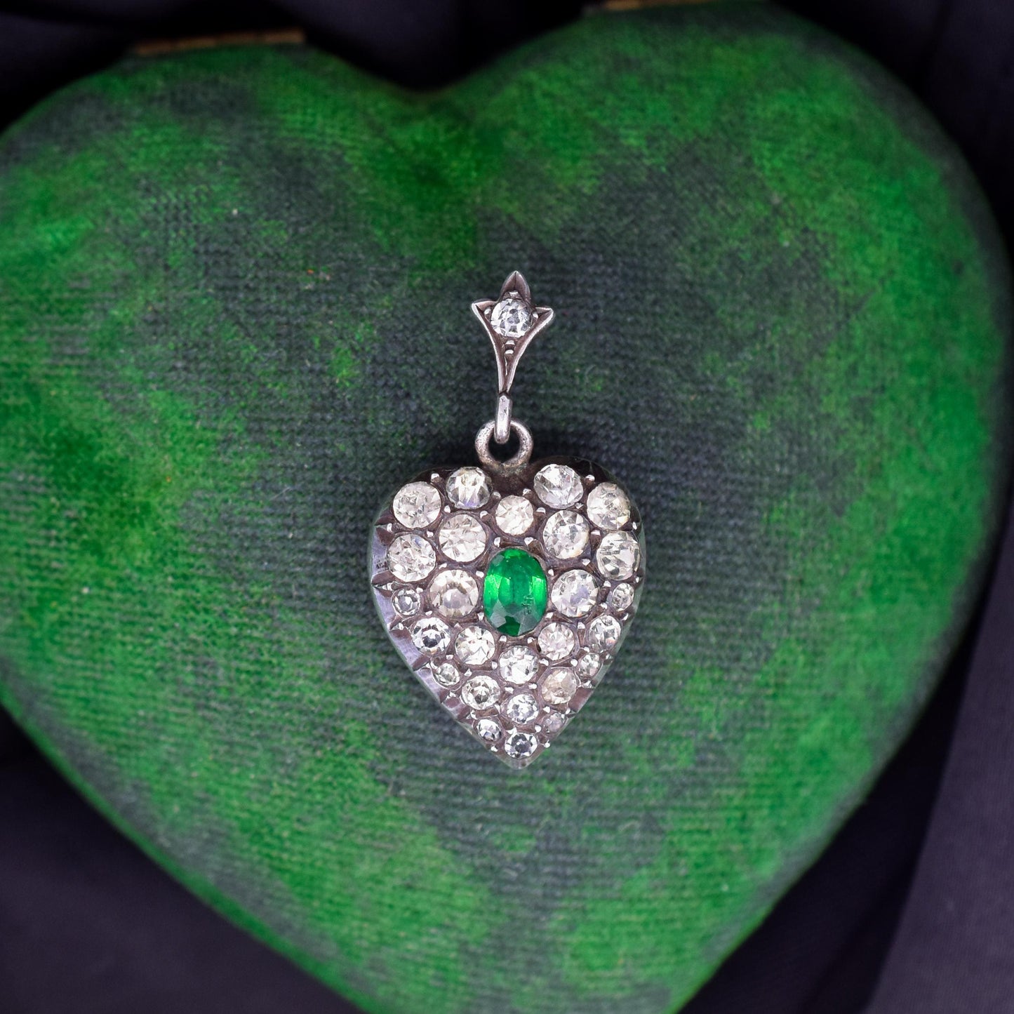 Antique Old Cut Paste Green Sterling Silver Puffy Heart Pendant
