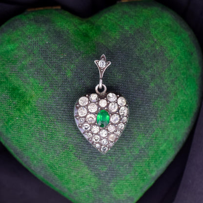 Antique Old Cut Paste Green Sterling Silver Puffy Heart Pendant