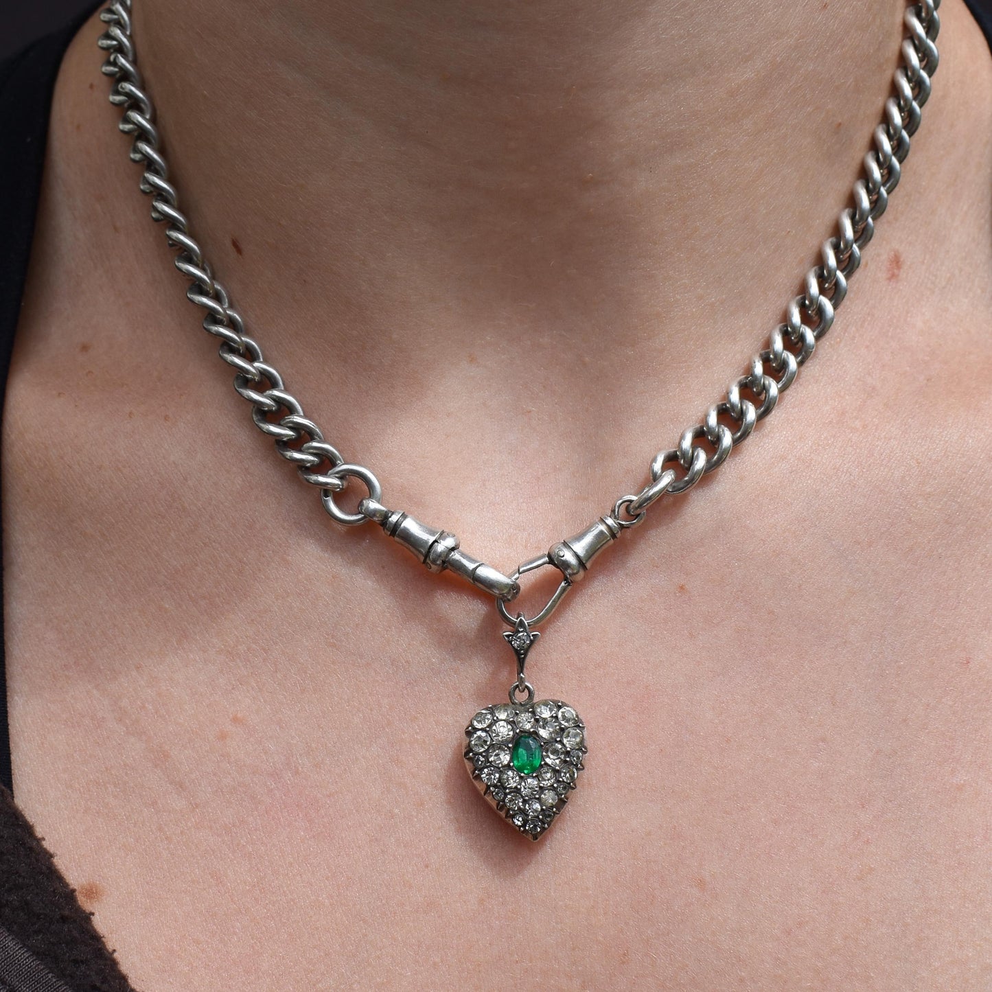 Antique Old Cut Paste Green Sterling Silver Puffy Heart Pendant