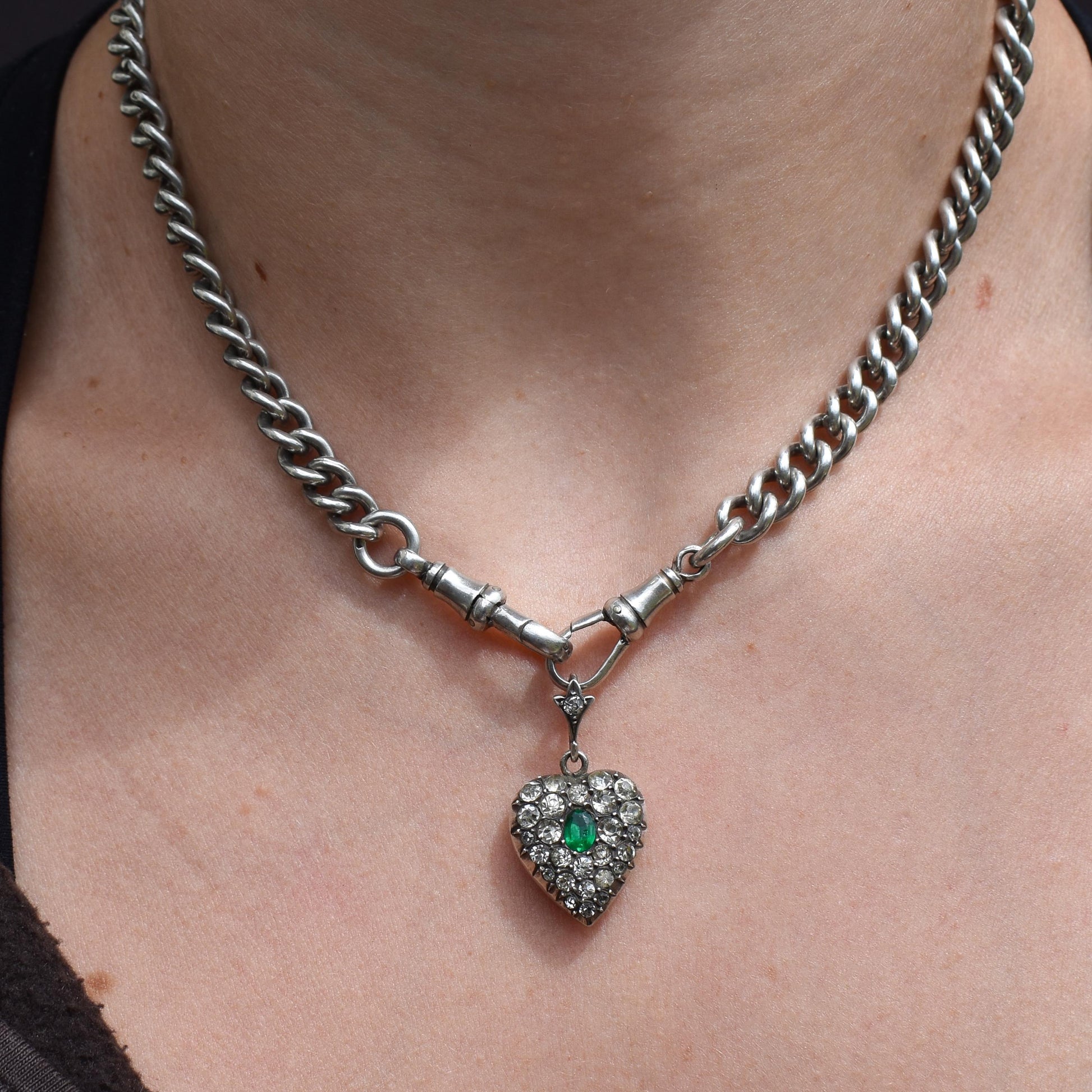 Antique Old Cut Paste Green Sterling Silver Puffy Heart Pendant