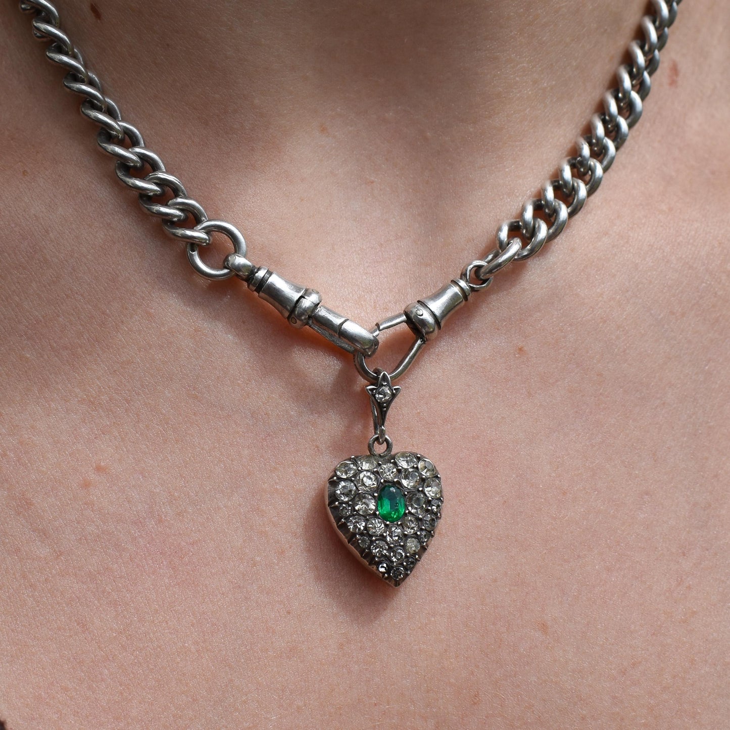 Antique Old Cut Paste Green Sterling Silver Puffy Heart Pendant